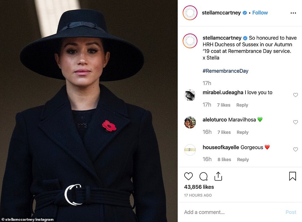 Stella McCartney used an image of the the Duchess of Sussex wearing her coat which retails at £1,545 to advertise it on her Instagram account, which was criticised by some who said she shouldn't be using the Remembrance service for publicity