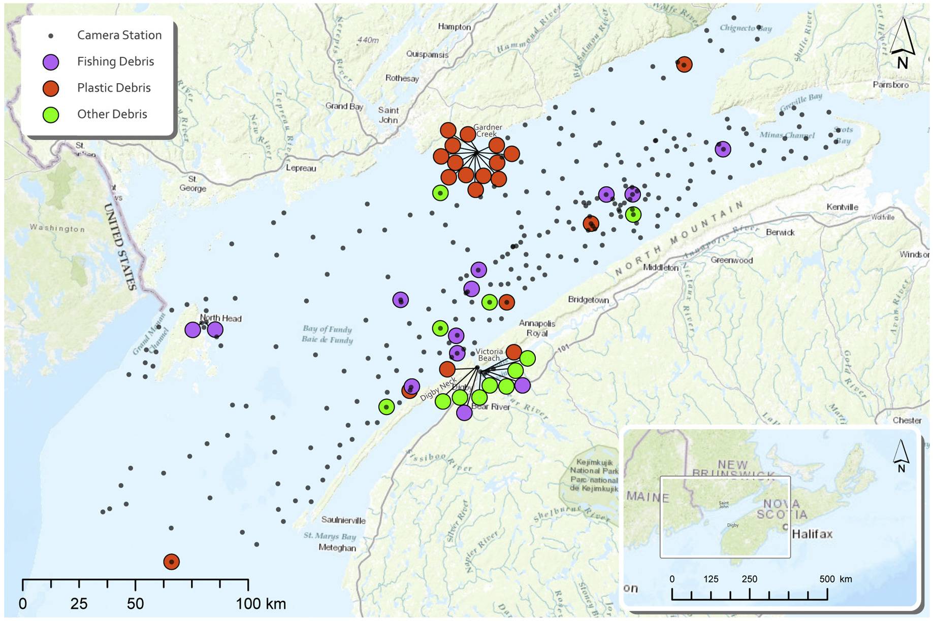 A distribution map shows hotspots of pollution on the bottom of the Bay of Fundy. (Applied Oceans Research Group at the Nova Scotia Community College and Fisheries and Oceans Canada)