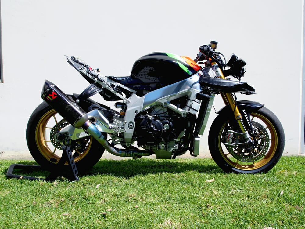 Stripped bare, there’s not much on the Tuono that isn’t on a stock Tuono.