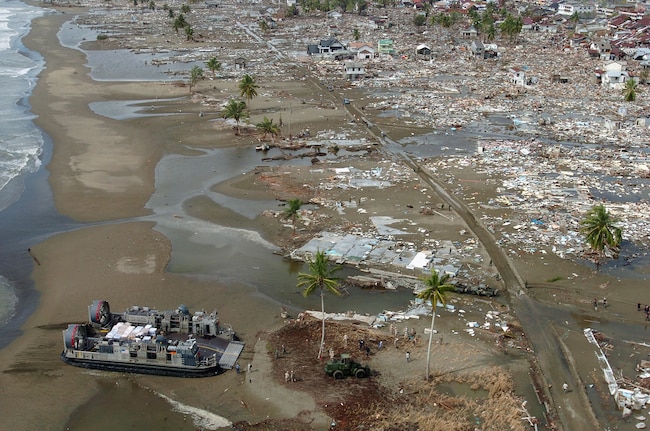 A Landing Craft Air Cushion vehicle delivers much needed materials and supplies to the citizens in the city of Meulaboh on January 10, 2005, on the island of Sumatra, Indonesia.