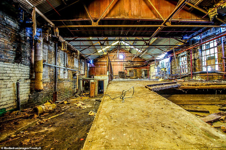 The inside of the factor which was left littered with nuts, bolts and engineering tools. W.H. Pallet Works was reputedly one of the largest factories in the world of its type