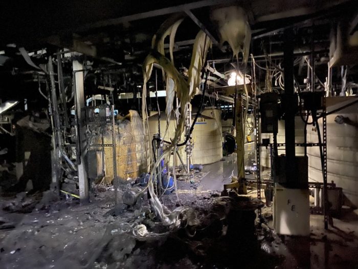 A tank in the foreground succumbed to flames. Image: Aqua Metals.