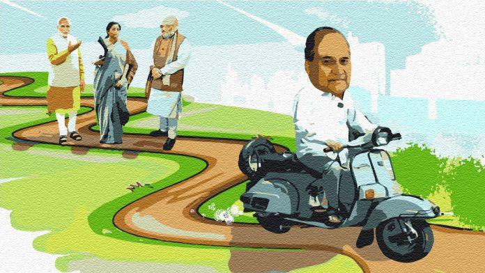 bajaj2 PM Narendra Modi (L), Finance Minister Nirmala Sitharaman and Home Minister Amit Shah in the distance, and industrialist Rahul Bajaj driving away | Illustration by Arindam Mukherjee | ThePrint Team