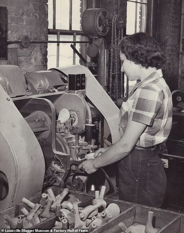 The Hillerich and Bradsby is a woodworking company that began in 1856 and manufactured various items such as golf clubs butter churns before it made its first bat in 1884. Maril Addams (pictured) is seen operating a lathe on golf club heads