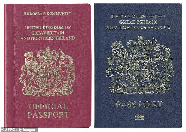 The words ‘European Union’ have already stopped appearing on new UK passports. Pictured: How the burgundy EU passports - introduced in 1988 - looked versus how the new passports are set to look
