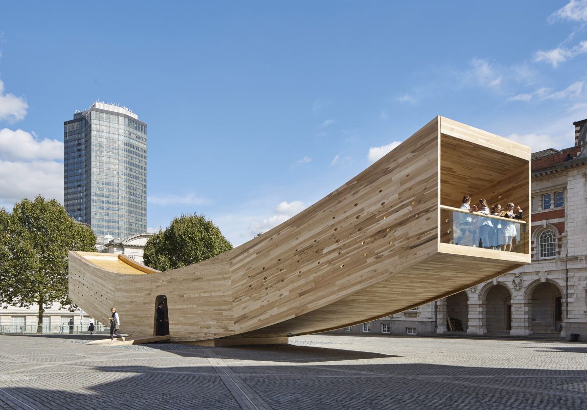 “The Smile,” a public pavilion made of CLT, designed and built in London in 2016 by architect Alison Brooks. 