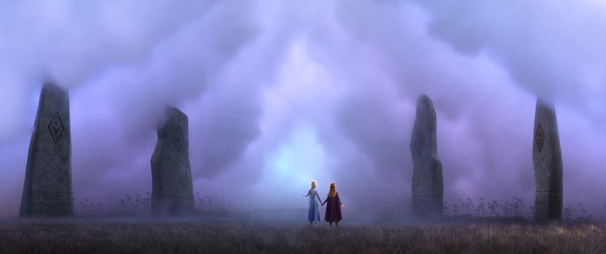 In Frozen II, Queen Elsa and Princess Anna stop in front of a large supernatural cloud that separates to let them pass.