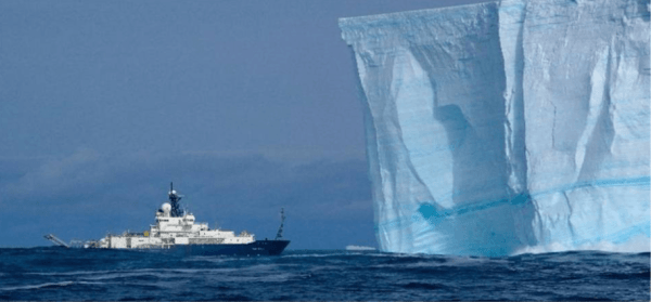 A NOAA crew on the R/V Roger Revelle came nose-to-nose with an iceberg floating in the the Southern Ocean near Antarctica in 2008.