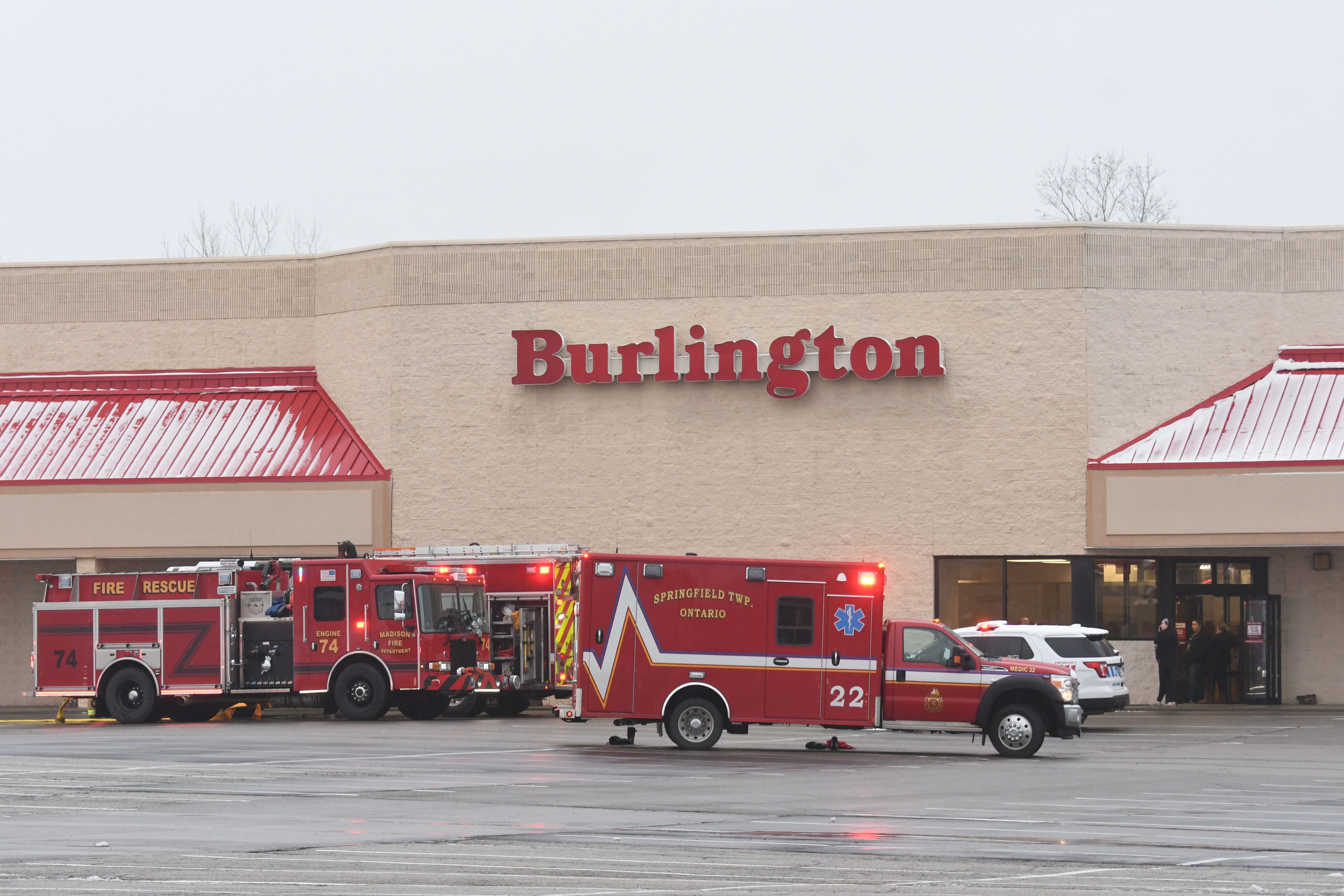 Firefighters respond to a call at Burlington department store in the Springfield Square on Monday evening.
