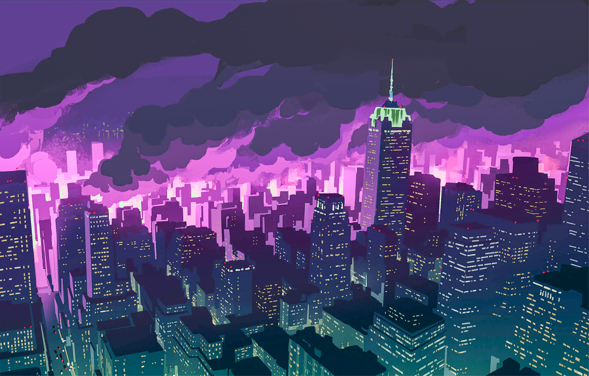 In the anime movie Promare, a city burns with a spooky purple flame.