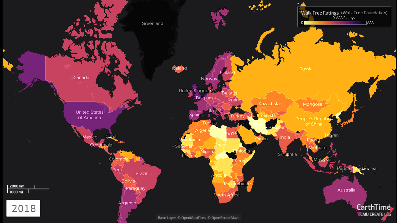 Government Response (2018) – Walk Free Foundation conducted assessments of 181 governments’ actions towards the achievement of five milestones: survivor support, criminal justice, coordination, addressing risk, and supply chains. This slide shows countries’ overall efforts, rated from AAA (positive) to D (negative).