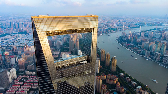 An aerial view of the Huangpu River in Shanghai.