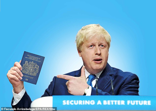 Britain's post-Brexit blue passports are being made by factory workers taking home as little as £400 a month. Pictured: Our mock-up of Boris Johnson proudly brandishing a blue passport
