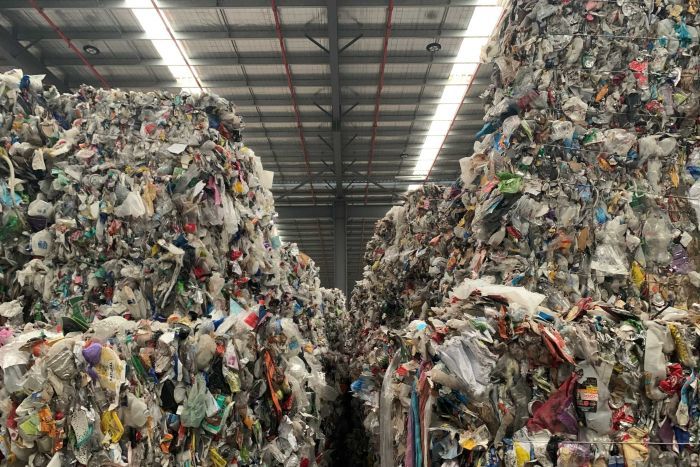 SKM's recyclable waste Huge piles of baled recyclable waste tower up towards the roof of a large warehouse, photographed from inside.