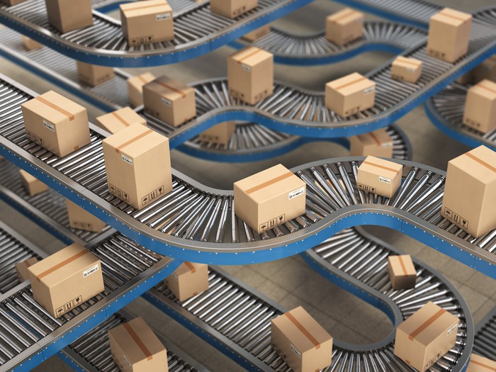 Boxes on a conveyor belt.