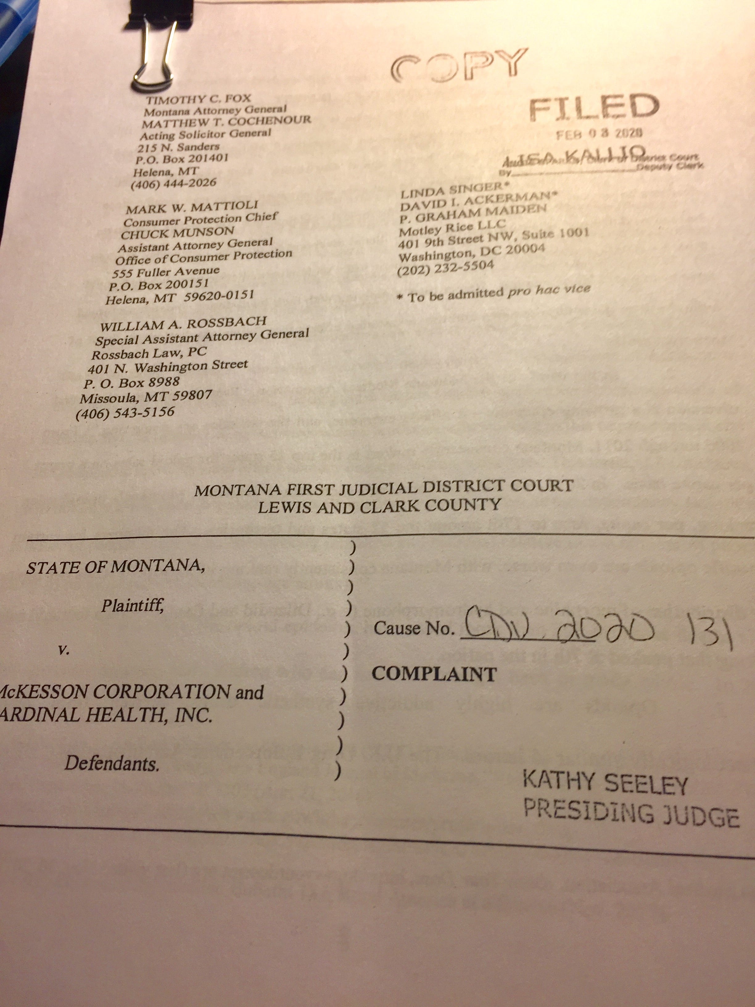 Here is a copy of the lawsuit Attorney General Tim Fox filed Monday against two opiod distributors.