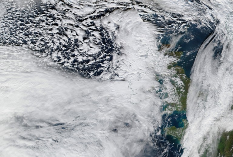 WESTERN EUROPE -- 08 Feb 2020 -- Here comes Ciara....This composite NASA satellite image shows the extreme low pressure front bringing Storm Ciara to the whole of the British Isles today (08 Feb 2020) with forecasted winds gusting at upto 80mph inland - a rare occurance according to the UK Met Office. Severe Yellow weather warnings are issued for the whole of the UK and there is an Amber warning in place for much of southern England -- Picture by Atlas Photo Archive/NASA *Latest data available. Updates as they become available