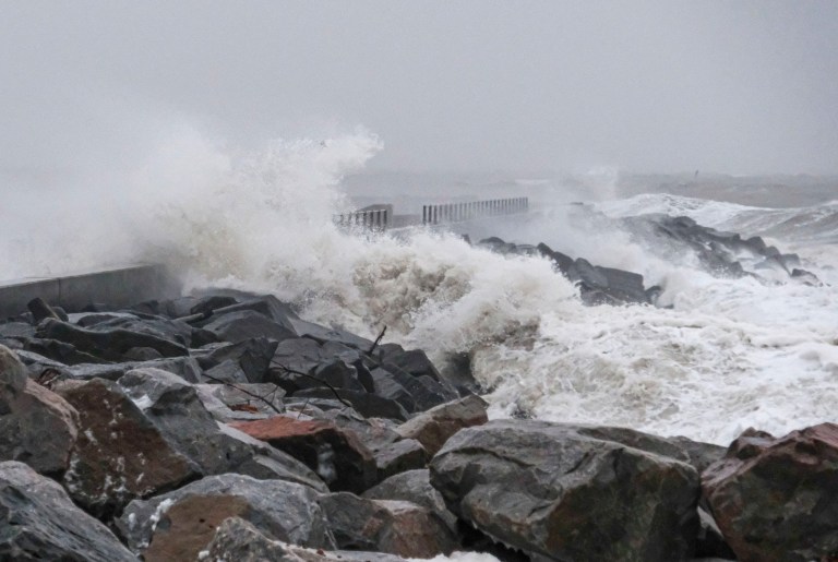 Mandatory Credit: Photo by Tom Corban/REX (10552072f) Storm Ciara hits the Dorset coast at West Bay where winds of up to 75 mph, heavy rain and high tides have led to both flood warnings and amber wind warnings being issued. Seasonal weather, West Bay, Dorset, UK - 09 Feb 2020 People have been warned about the danger of flying debris, possible damage to buildings and the risk of injuries and possible danger to life from large waves and beach material being thrown onto sea fronts, costal roads and properties