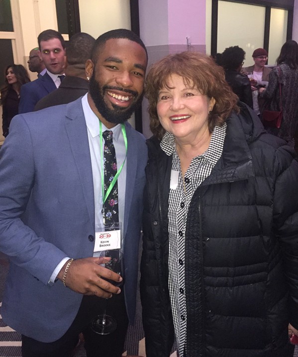 Memphis filmmaker Kevin Brooks, who won the Memphis Film Prize two years in a row, with  Memphis & Shelby County Film Commissioner Linn Sitler at the 20 Under 30 reception, which was held January 30th at Central Station Ballroom. Sitler nominated Brooks, who was one of the 20 Under 30 recipients. - MICHAEL DONAHUE