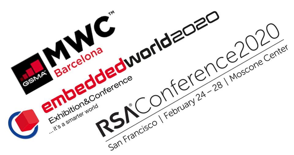 Logos of the MWC, Embedded World, and RSA conferences