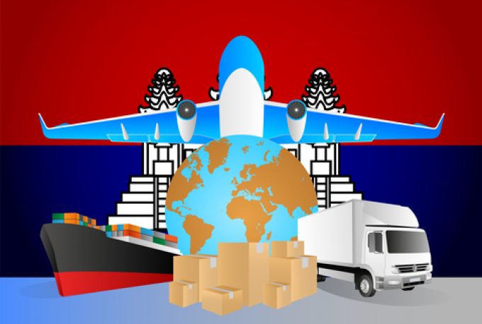 Cambodia logistics concept illustration. National flag of Cambodia from the back of globe, airplane, truck and cargo container ship