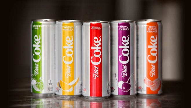 Five cans from sodas in the Diet Coke family.