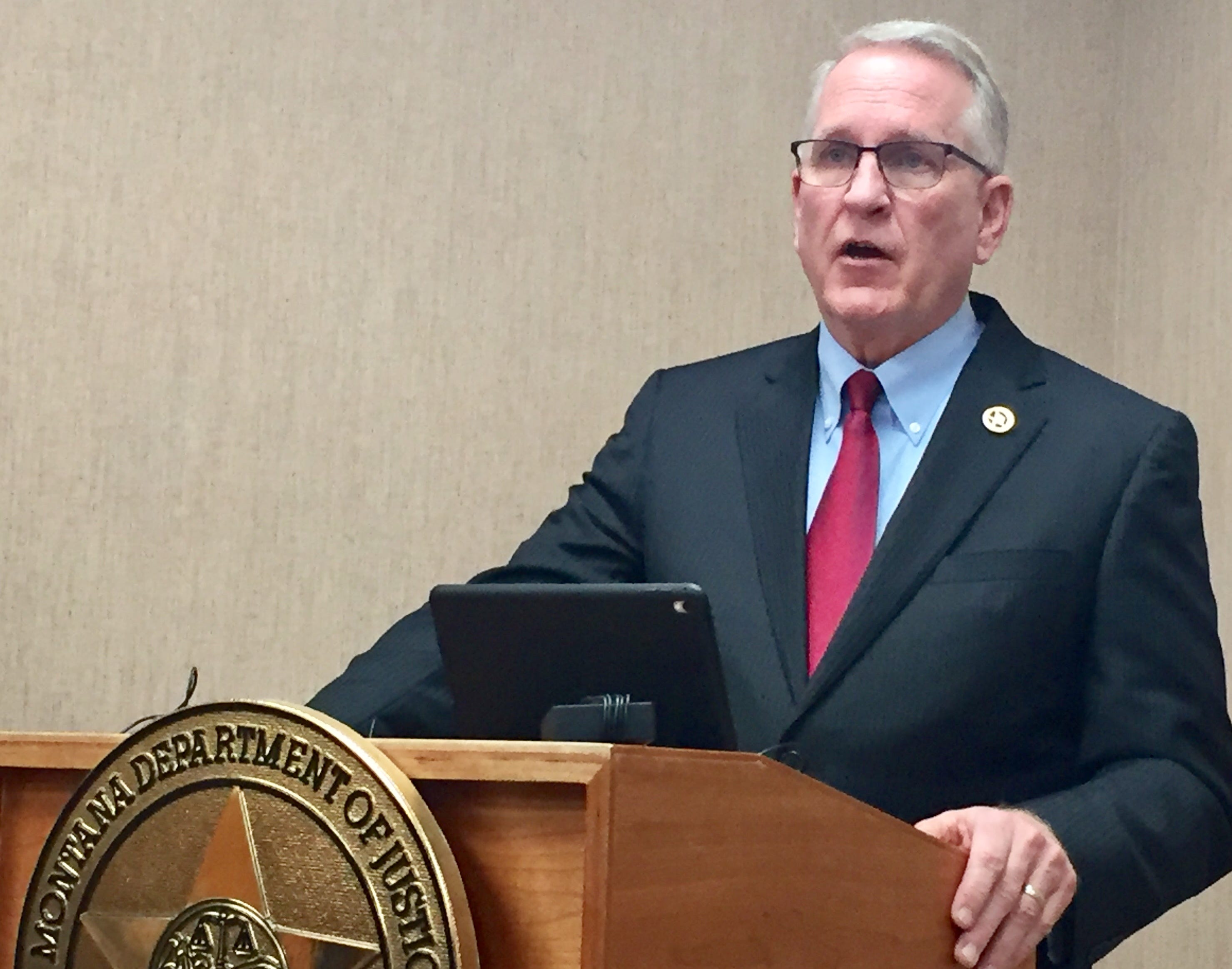 Attorney General Tim Fox announces a lawsuit filed Monday against two companies that distribute Opiods.