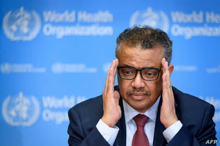 World Health Organization (WHO) Director-General Tedros Adhanom Ghebreyesus attends a daily press briefing on COVID-19 at the…