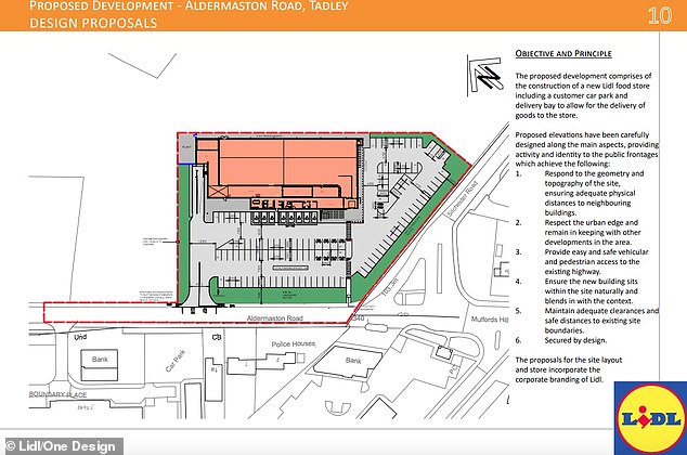 A drawing showing the layout of the proposed new Lidl superstore in Tadley