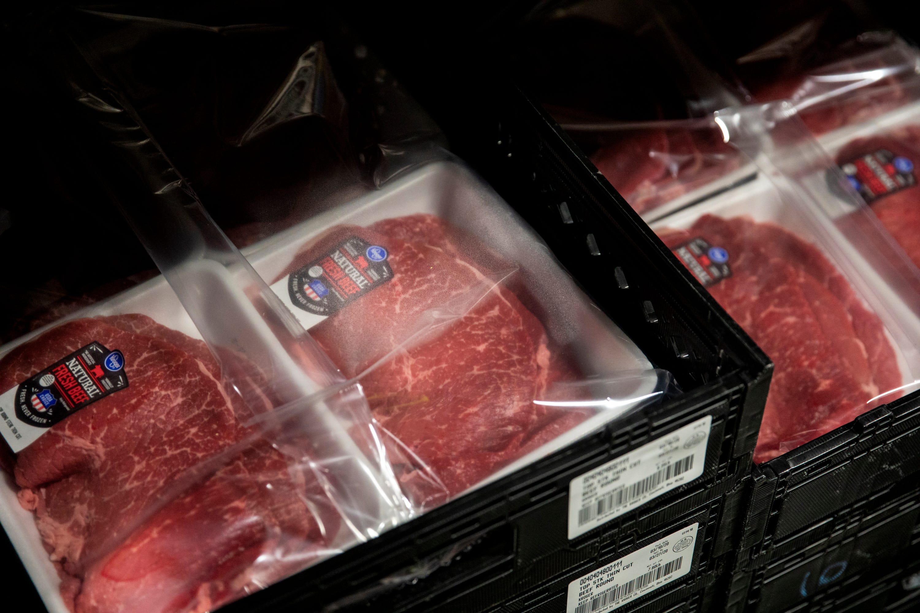 Pallets of meat fill the shelves at Kroger's Fresh Distribution Center in Blue Ash on Tuesday, March 17, 2020. 