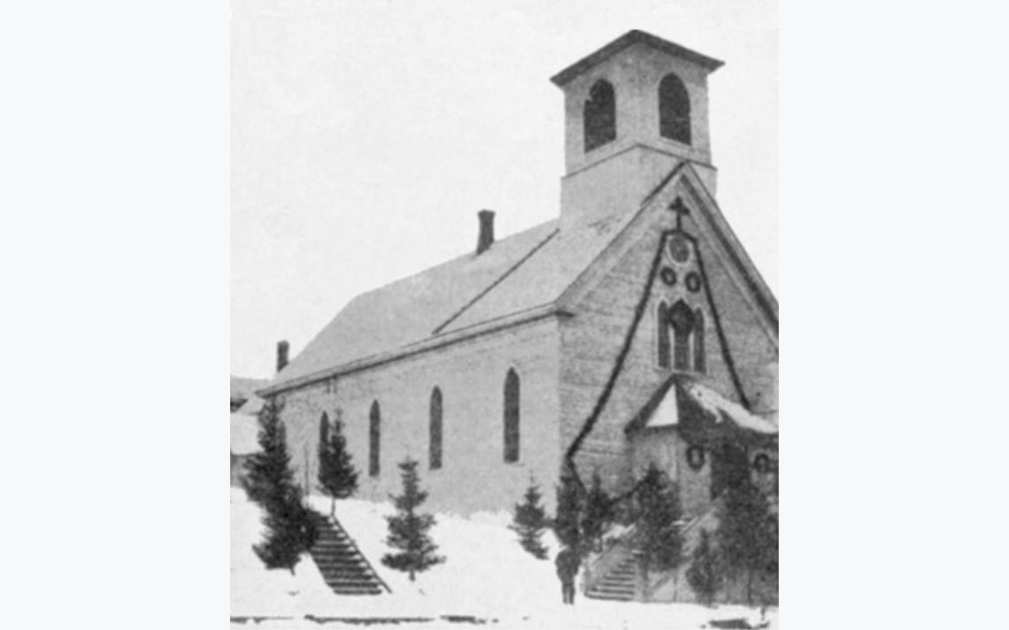 Duluth’s 1870 Sacred Heart Roman Catholic Church. It was destroyed by fire in 1892 and replaced by Sacred Heart Cathedral, now a music center. (Photo courtesy of the Duluth Public Library)