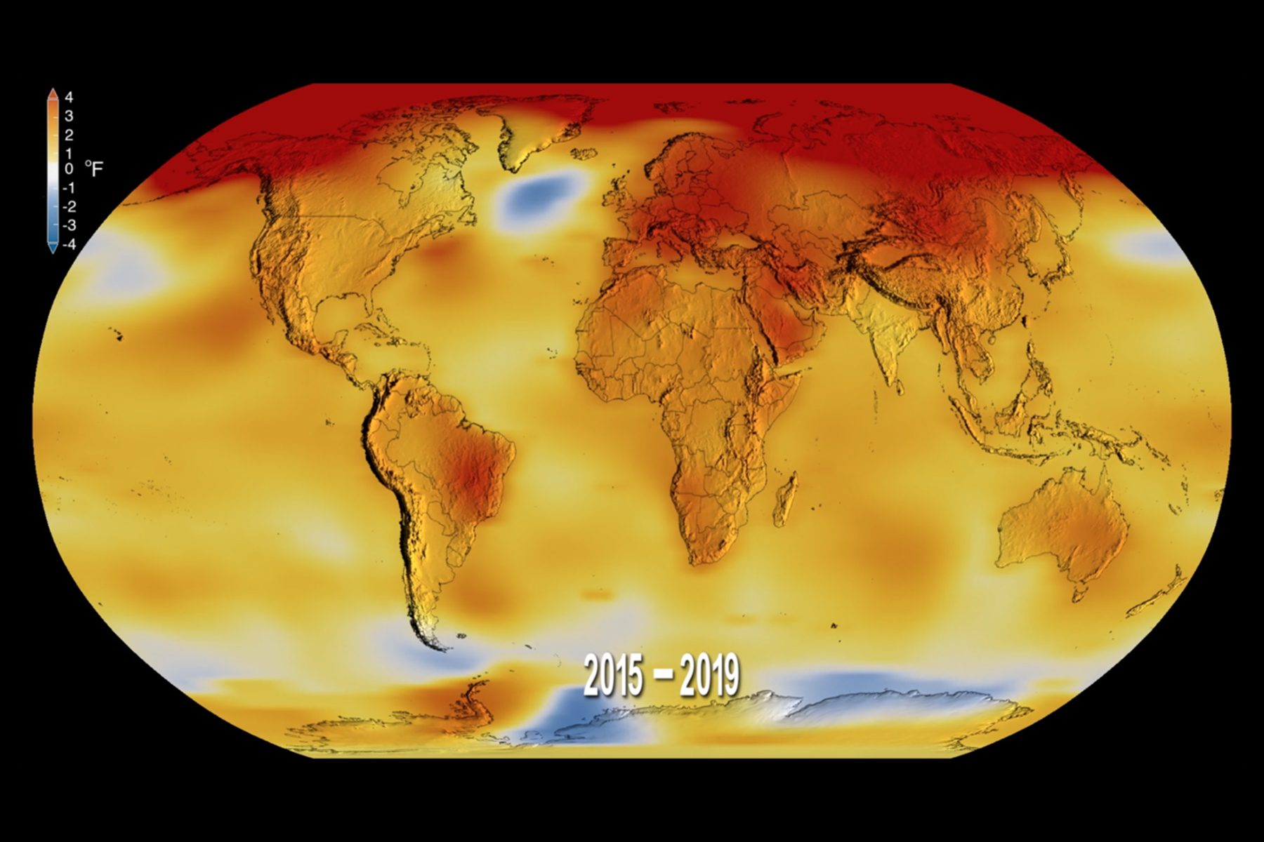 A map showing the average temperature rise over the past four years; 2016 and 2019 were the hottest on record.