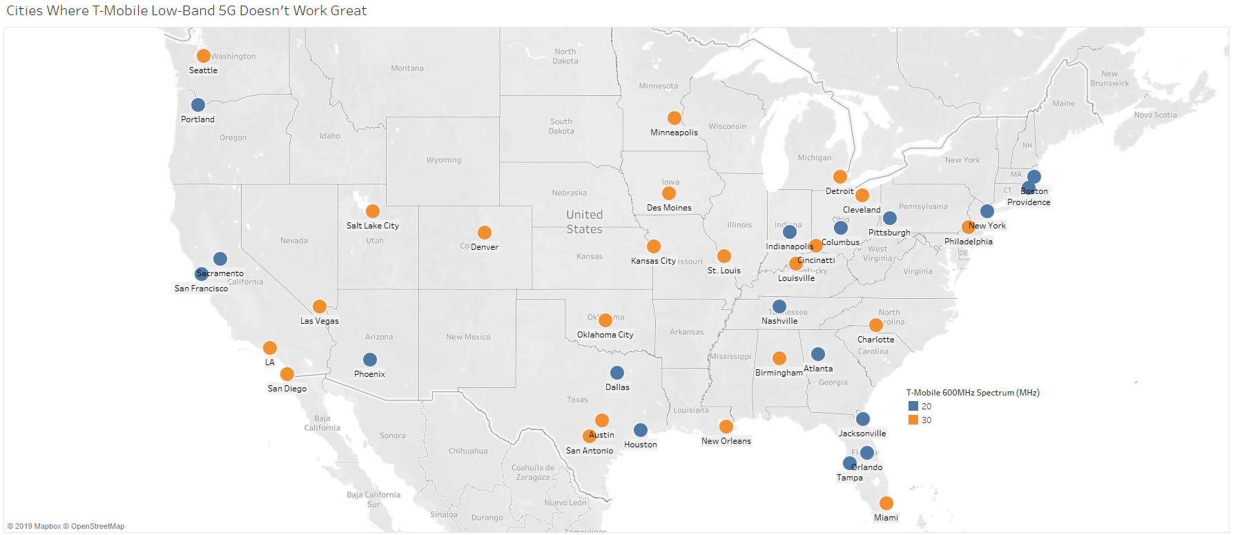 This map shows cities where T-Mobile's performance is likely to greatly improve.