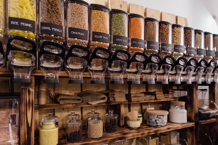 Bulk item bins in a natural foods store.