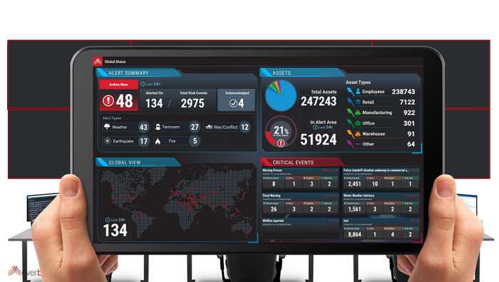 An Everbridge employee's hands holding a screen showing various stats on its critical event management platform. 
