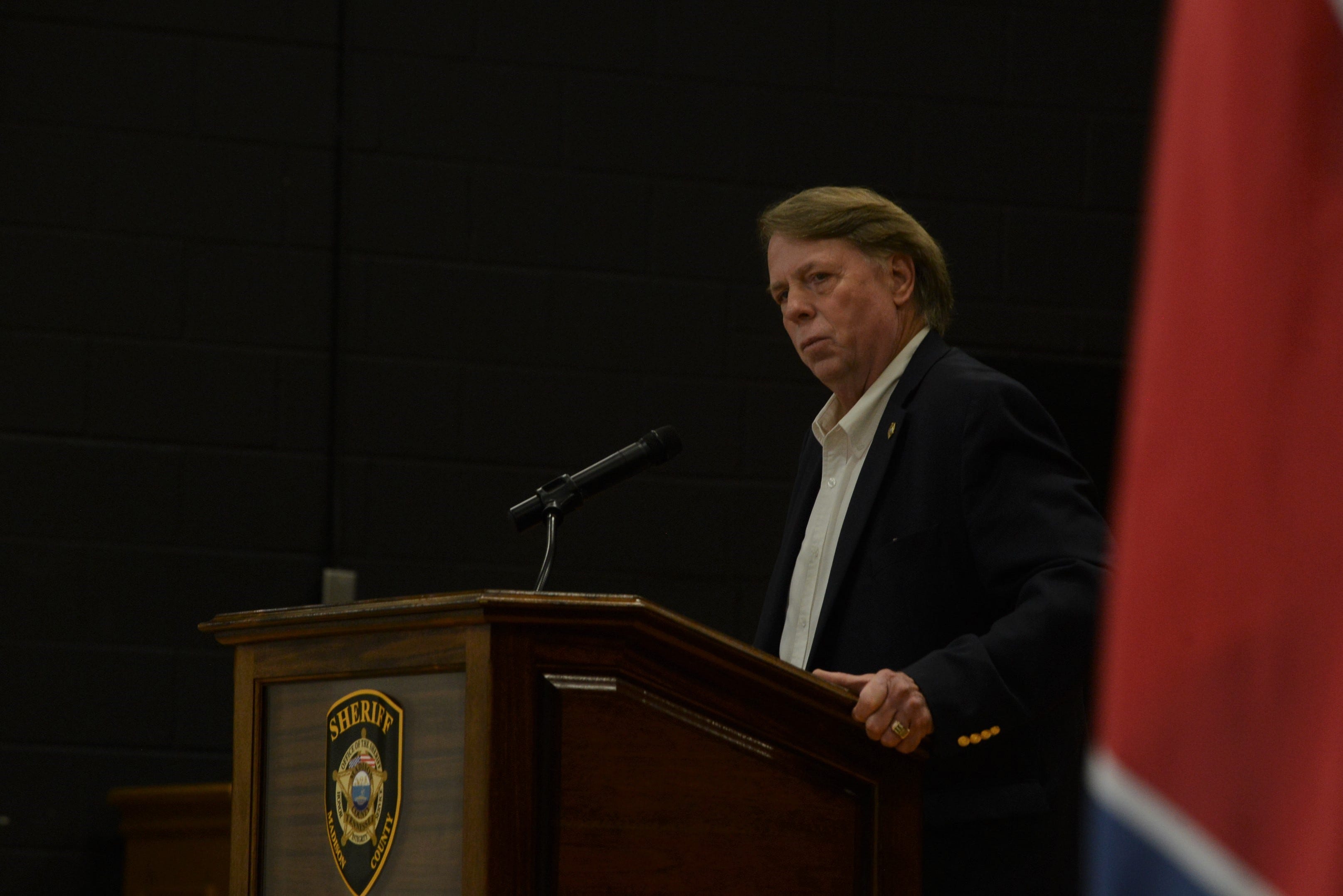 Madison County Sheriff John Mehr speaks at a Child Homicide Conference at the West Tennessee Regional Training Center in Denmark on May 15, 2019.