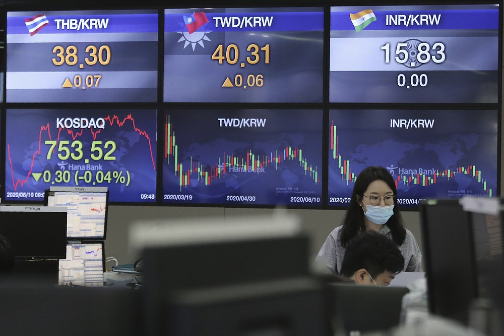 A currency trader watches monitors at the foreign exchange dealing room of the KEB Hana Bank headquarters in Seoul, South Korea, Wednesday, June 10, 2020. Shares were trading slightly higher in Asia on Wednesday after a weekslong rally on Wall Street hit the brakes. (AP Photo/Ahn Young-joon)