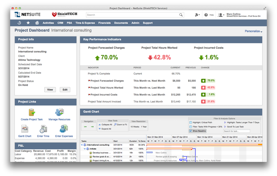 Project dashboard in NetSuite 