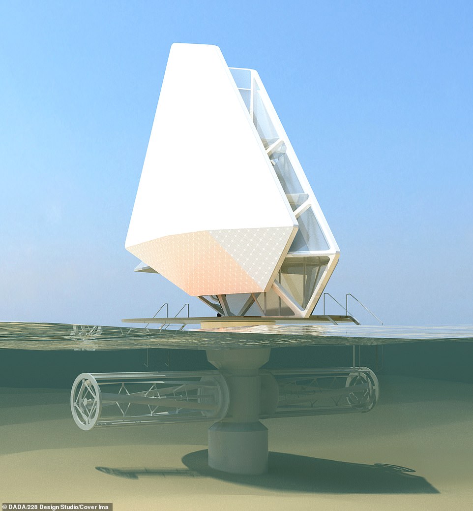 Pictured: Image shows how the sea dwelling could be anchored to the sea bed. The design company says the choice of plastic as the anchor material would make it easy to produce and install