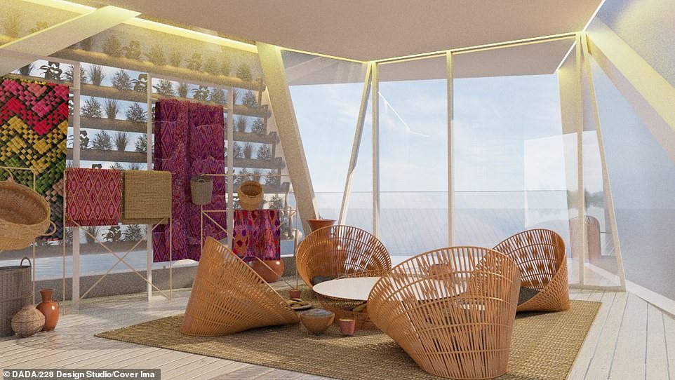 Pictured: A concept for an interior of one of the sea-based dwellings dreamed up by Manila-based architecture firm DaDa Designs