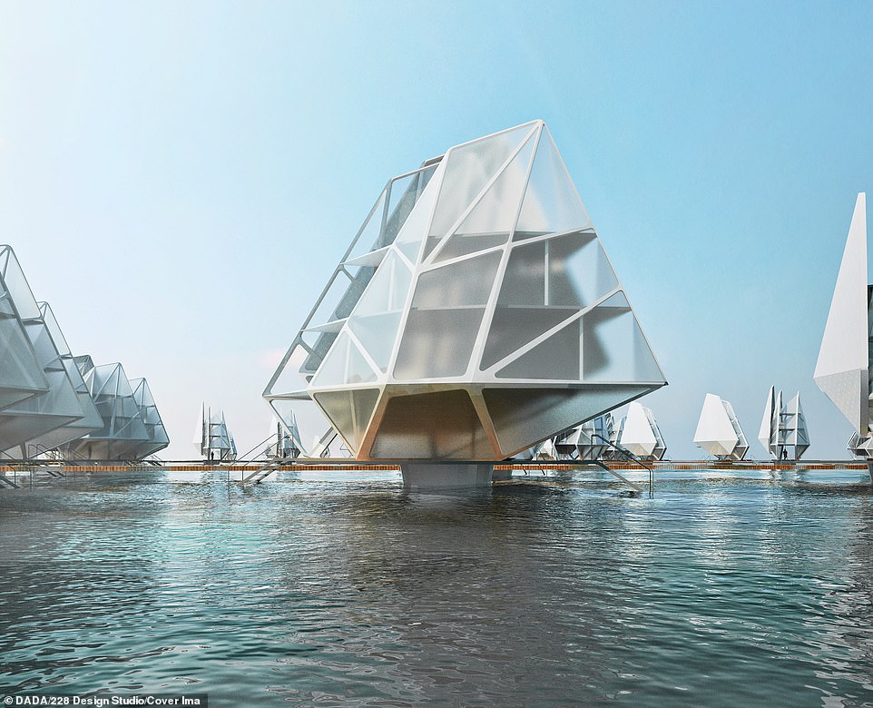 Pictured: A concept view of a sea-based dwelling devised by the Manila-based architecture firm. DaDa Designs believe these dwellings, anchored to the sea bed, could be the answer to rising climate change-related disasters and population increase
