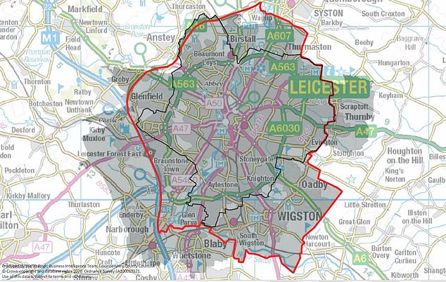 Leicestershire County Council issued this map today showing the area that will be subject to strict lockdown measures