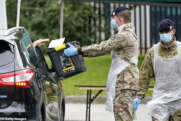 Soldiers from the Royal Logistics Corp operate a mobile coronavirus testing site at Evington Leisure Centre in Leicester yesterday, with one pictured carrying a box for drivers to put their Covid-19 swabs in