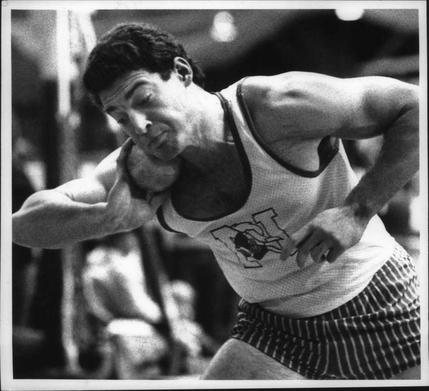 Niskayuna, New York shot putter Andy Bloom gets ready to throw ball at Dutchman Games. January 26, 1991 (John Carl D'Annibale/Times Union Archive)
