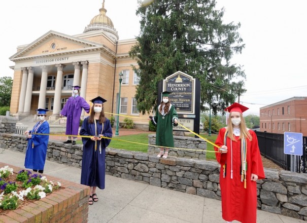 From left, on ground, are Heather Pinkston of Early College, Elina Misiyuk of West Henderson High School and Kathryn Thomas of Hendersonville High School, on wall, Zachary Garrett of North Henderson and Brianna LaRue of East Henderson.