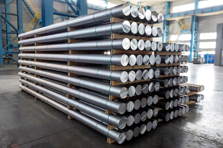 Aluminum billets in a factory.