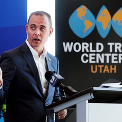 Miles Hansen, president and CEO of World Trade Center Utah, discusses the importance of the United States-Mexico-Canada Agreement to Utah’s economy and jobs during a press conference at the Savage office building in Midvale on Tuesday, July 14, 2020.