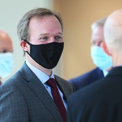 Rep. Ben McAdams, D-Utah, talks with others at a press conference at the Savage office building in Midvale on Tuesday, July 14, 2020, where he highlighted the importance of the United States-Mexico-Canada Agreement to Utah’s economy and jobs.