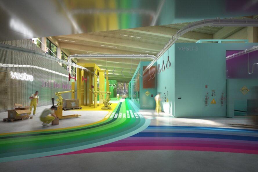 rendering of a factory with walls and floors painted in rainbow colors