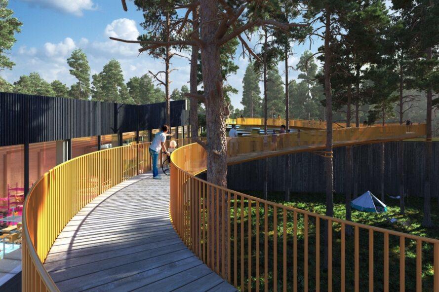 rendering of people on an elevated wood boardwalk through a forest